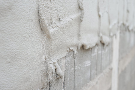 texture detail of fine mixed mortar plastered the bricks blocks wall, selective focusの写真素材