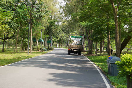 back view, garbage trucks, waste management in the parkの写真素材
