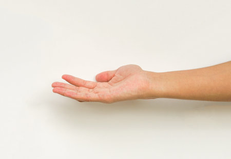 man hand open palm gesturing to help or support isolated on white background