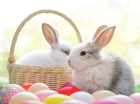 adorable bunnies decorated with easter eggs, concept to easter celebration in April