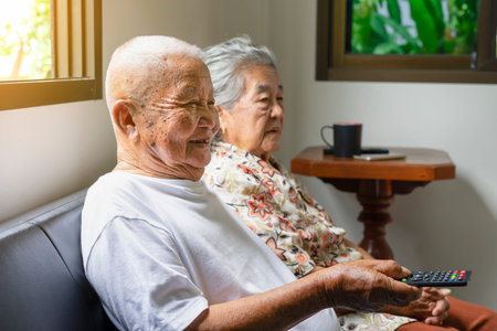 senior asian couple enjoy watching TV in living room, happy grandparents relaxing at home, concept...