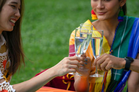 group of friends clinking glasses with water while having picnic in the park, concept lifestyle,relaxing, celebrating,friend,friendship etcの写真素材