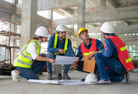 engineering or architectural work concept, engineers with coworker wearing helmet and safety vest...