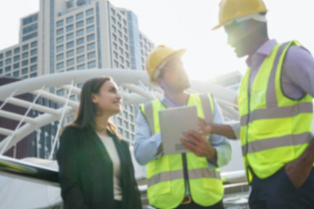 blurred background of engineers team discuss together at outdoors site workの写真素材