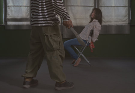 kidnapper holding knife threatening hostage, young woman victim tied on chairの写真素材