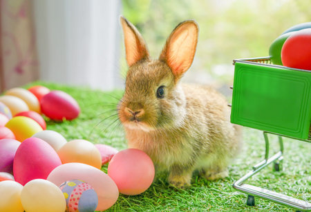 a brown adorable baby  bunny posing with easter eggs, concept of rabbit easter