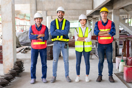 engineering teamwork in full safety gear,standing arms crossed,in the building under construction that filled with many construction equipment.concept of engineering work,engineer working on site workの写真素材