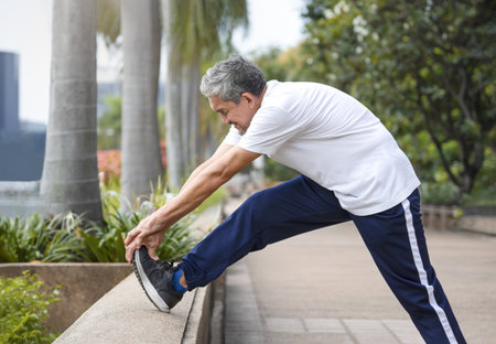 happy senior man stretching legs at summer park, healthy elderly male warm up in nature before workout, concept of older adult people lifestyle,health care,wellness and wellbeingの写真素材