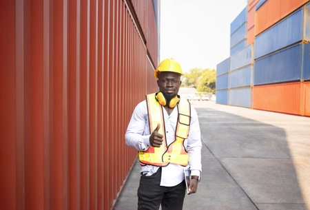 portrait black african man wears hardhat and vest,standing at cargo container area,one hand holding...