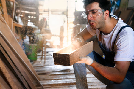 young caucasian man blowing sawdust from old wooden box,craftsman repair or DIY wood furniture at his workshop house, carpentry work conceptの写真素材