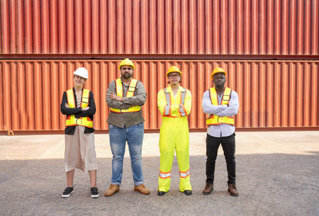 group of diverse container yard workers standing with arms crossed in front of shipping container...