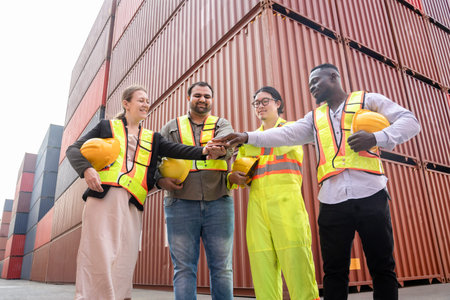 group of multiracial cargo container workers in safety uniform holding hardhat,doing hands stacked...