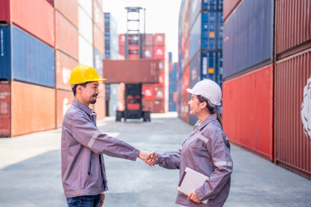 A man and woman supervisor container yard workers in workswear and safety helmet doing handshake together after finished checking container cargo at commercial dockの写真素材
