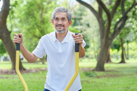 portrait cheerful senior man enjoy exercise on ovate stepper gym equipment,mature man workout outdoors in nature park,elderly lifestyle health care,wellness,wellbeingの写真素材