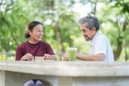 asian senior couple playing dominoes game on table outdoors in the park,concept of elderly people...