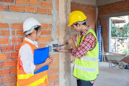 a young asian electrician explaining electrical wiring system to experienced inspector of real estate home project while having inspection on site workの写真素材