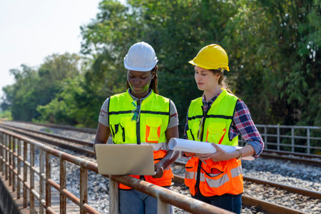 young multiracial female railway engineer,caucasian and african,inspecting at railroad tracks,concept of rail transport,train,railway infrastructure standard inspection work and maintenanceの写真素材
