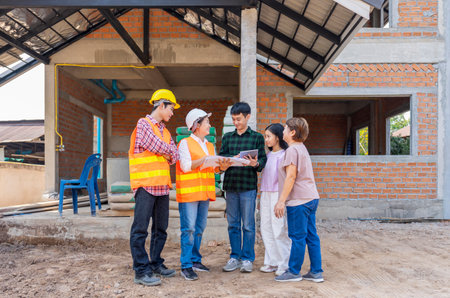 happy family mother,adult son and a daughter inspecting a new house building,discussing engineering building plan with specialist at construction siteの写真素材