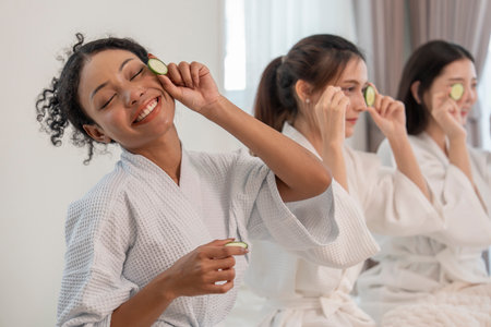 young multiracial friends in bathrobe with cucumber slices for facial skin care,having fun,laughing and relaxing together in spa roomの写真素材