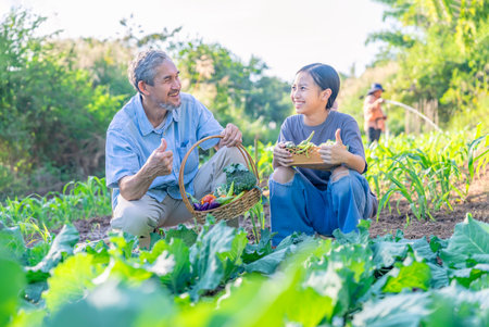 A girl with grandfather picking vegetables in the garden together,concept of family lifestyle in vegetables garden,home garden,organic foodの写真素材