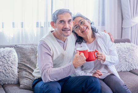 romantic asian senior couple enjoy having healthy drink together in the living room,elderly healthy lifestyle,relaxation,domestic lifeの写真素材