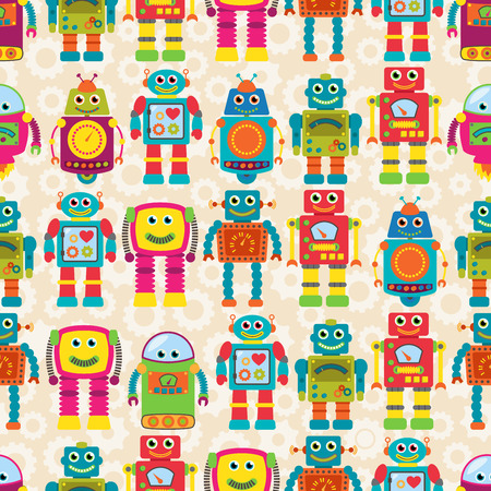 Seamless Tileable Background Pattern with Cute Robotsのイラスト素材
