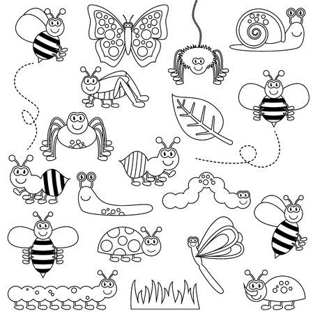 Large Vector Set of Cute Cartoon Bugs Line Artのイラスト素材