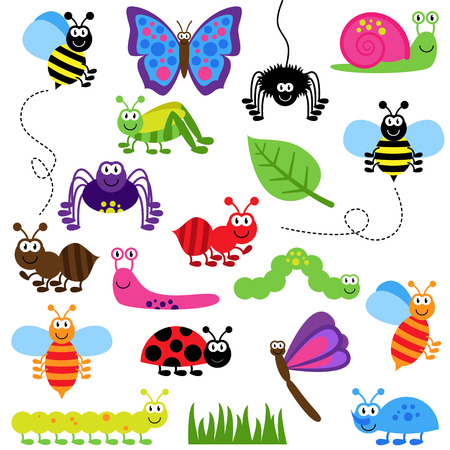 Large Vector Set of Cute Cartoon Bugsのイラスト素材