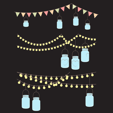 Vector Set of Hanging Glass Jar Lights and Buntingのイラスト素材