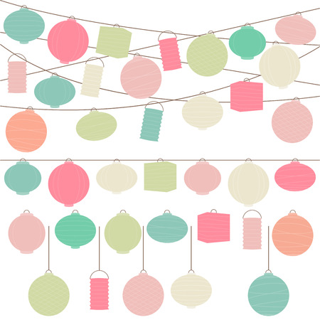 Vector Set of Pastel Colored Holiday Paper Lanterns and Lightsのイラスト素材