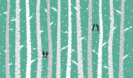 Birch or Aspen Trees with Snow and Love Birdsのイラスト素材
