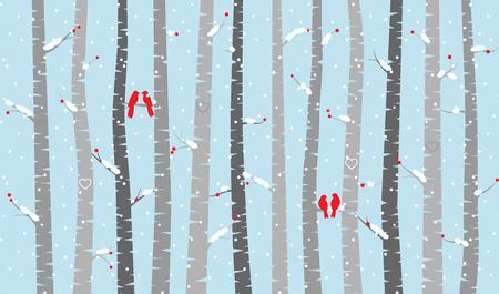 Birch or Aspen Trees with Snow and Love Birdsのイラスト素材