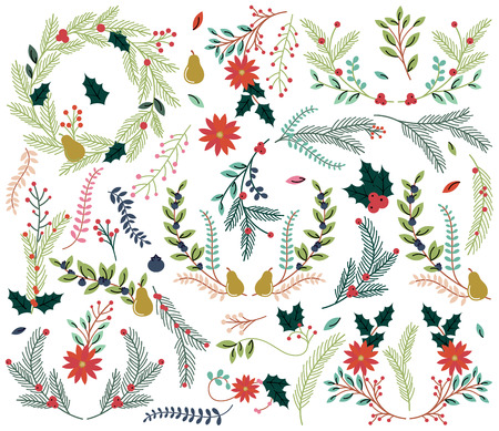 Vector Collection of Vintage Style Hand Drawn Christmas Holiday Floralsのイラスト素材