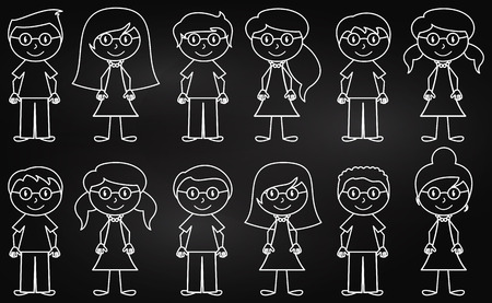 Set of Cute and Diverse Chalkboard Stick People in Vector Formatのイラスト素材