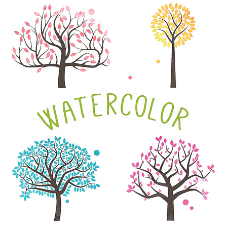 Vector Set of Watercolor Style Treesのイラスト素材