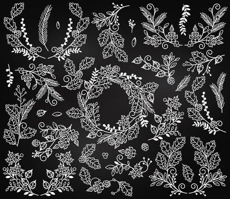 Vector Collection of Chalkboard Autumn and Thanksgiving Themed Floral Elements or Laurelsのイラスト素材
