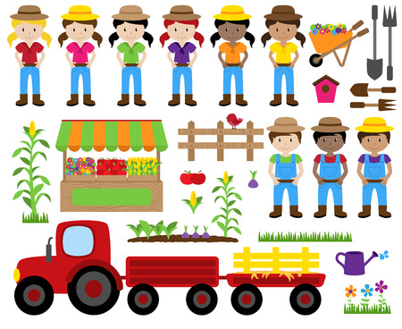 Cute Vector Set of Farm Items and Farmersのイラスト素材