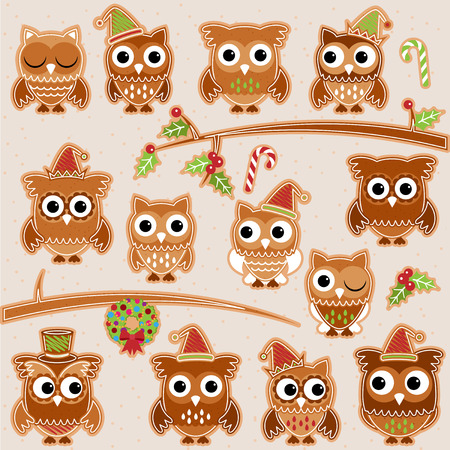 Christmas Holiday Gingerbread Cookie Owls in Vector Formatのイラスト素材