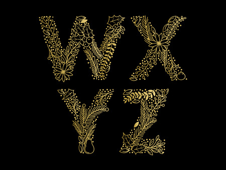 Christmas or Winter Themed Floral Alphabet in Gold Foil Styleのイラスト素材