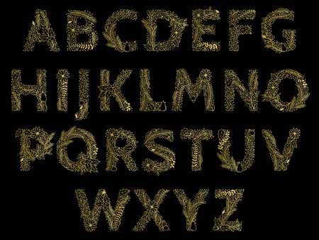 Christmas or Winter Themed Floral Alphabet in Gold Foil Styleのイラスト素材
