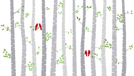 Valentine's Day Birch Tree or Aspen Silhouettes with Lovebirds - Vector Formatのイラスト素材