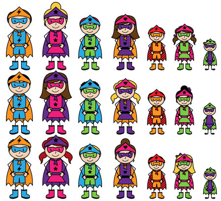 Cute Collection of Diverse Stick Figure Superheroes or Superhero Families - Vector Formatのイラスト素材