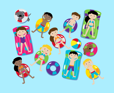 Pool Party or Lake Party Vector Set, Including Children and Dogs Swimming and Floatingのイラスト素材