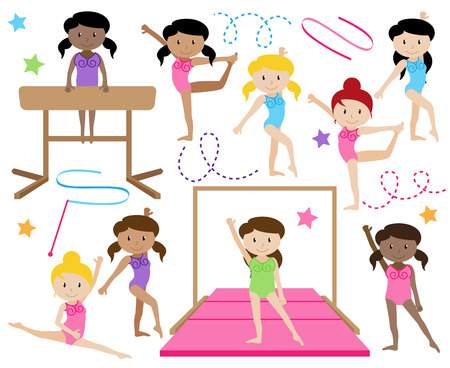 Vector Collection of Cute Female Gymnasts or Dancers of Different Ethnicitiesのイラスト素材