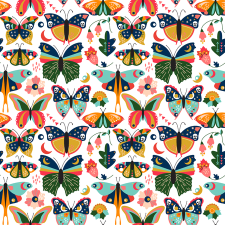 Seamless, Tileable Wallpaper Pattern with Boho Style Butterflies, Moths and Floral Elementsのイラスト素材