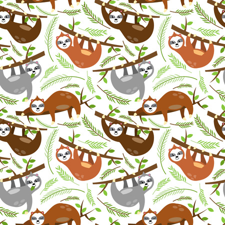 Seamless Vector Background with Sloths, Tree Branches and Leavesのイラスト素材