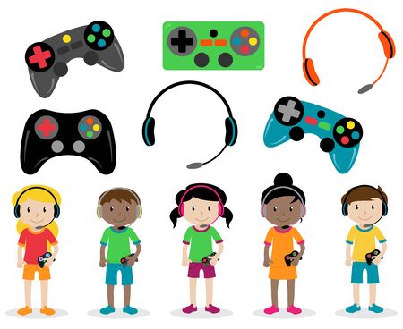 Vector Set of Gamer Themed Controllers and Headphones and Gamer Kidsのイラスト素材