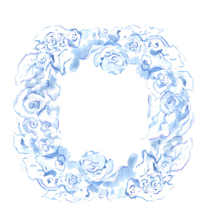 Wreath of blue flowers painted in watercolor on a white background.の写真素材