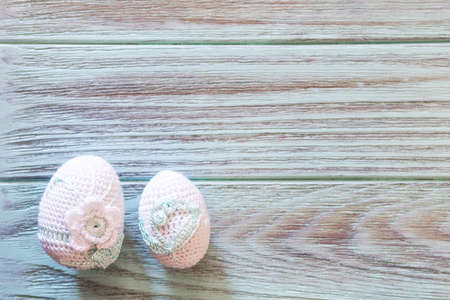 Easter eggs on a blue wooden background.の写真素材