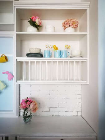 Kitchen shelves with Easter decor.の写真素材